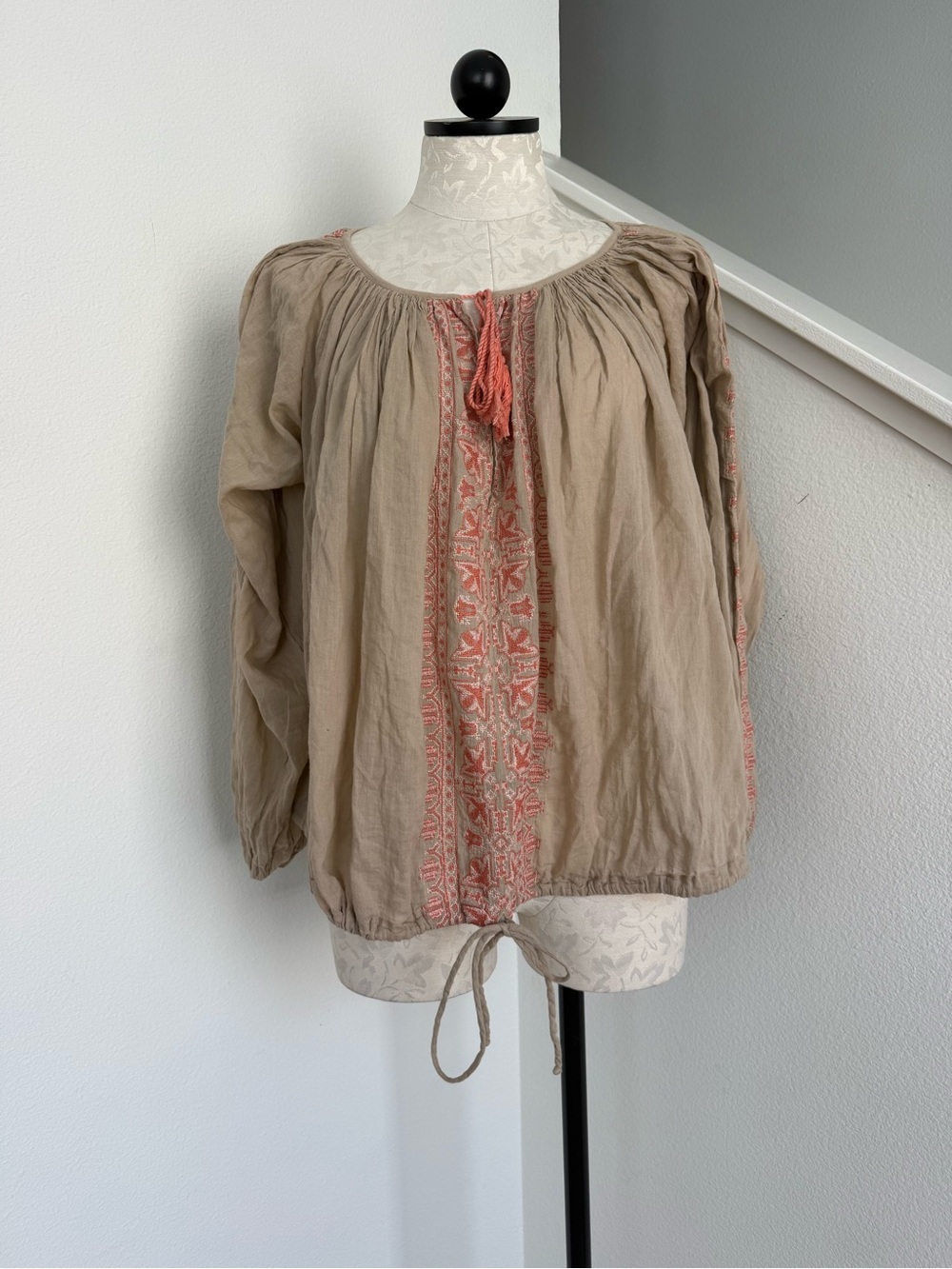 Miss June Paris Blouse Peasant Whimsy Boho Cream Pink Embroidered Cotton Large